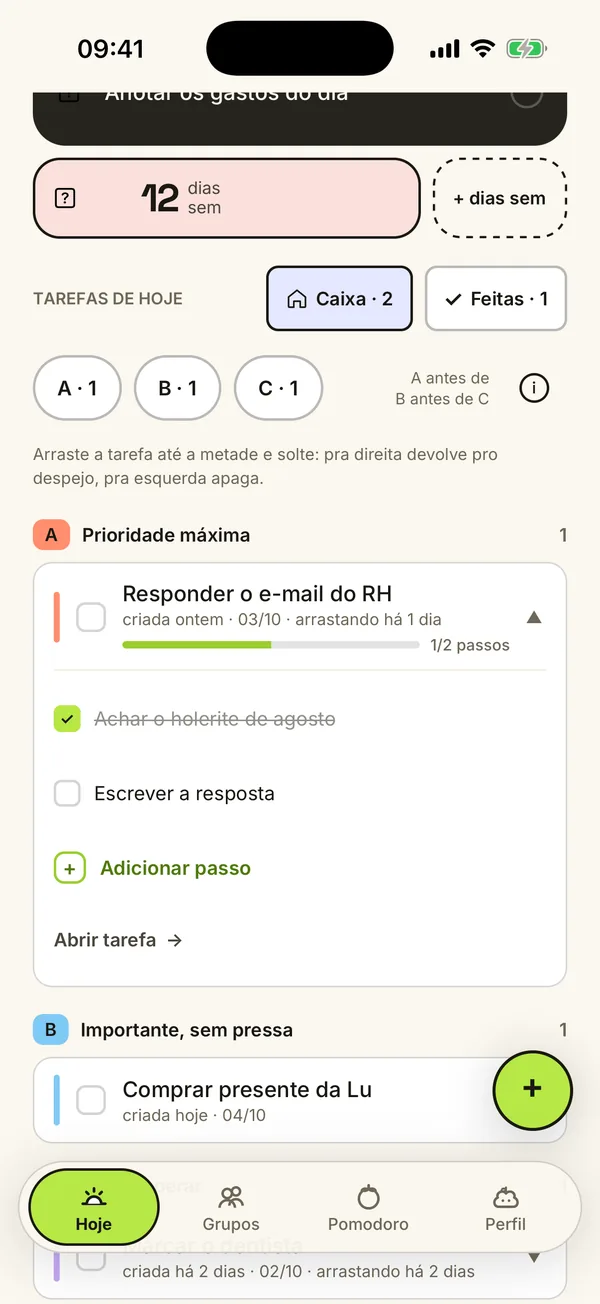 As tarefas de hoje por prioridade, uma delas aberta em passos.